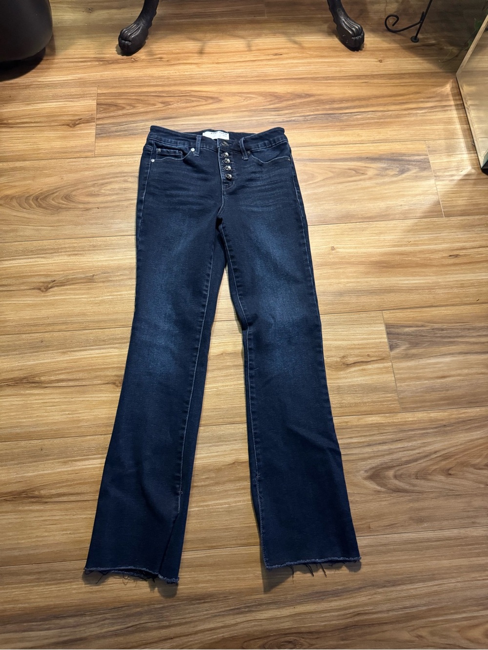 Anne Klein Dark Indigo Bootcut Jeans with Raw Hem and split hem